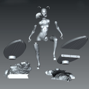 K&ouml;nnte beinhalten: Zerlegtes 3D-Modell einer weiblichen Figur, dargestellt in Graustufen. Das Modell ist in mehrere Teile zerlegt, darunter Kopf, Torso, Arme, Beine und Basiskomponenten. Die Figur ist in einer dynamischen, sitzenden Position dargestellt.
