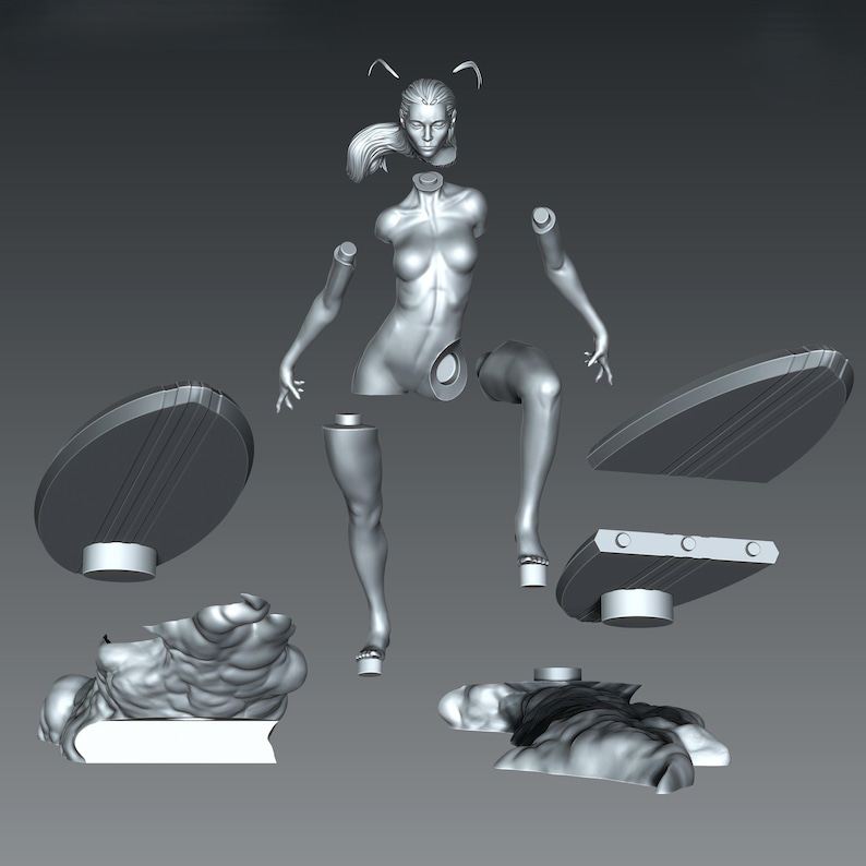 K&ouml;nnte beinhalten: Zerlegtes 3D-Modell einer weiblichen Figur, dargestellt in Graustufen. Das Modell ist in mehrere Teile zerlegt, darunter Kopf, Torso, Arme, Beine und Basiskomponenten. Die Figur ist in einer dynamischen, sitzenden Position dargestellt.