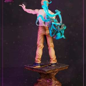 May include: A detailed figurine of a muscular figure in a white tank top and tan pants, with blue energy effects. The figure stands on a textured platform atop a rocky base. The image includes the text "HIGH-QUALITY" and "PRESUPPORTED".
