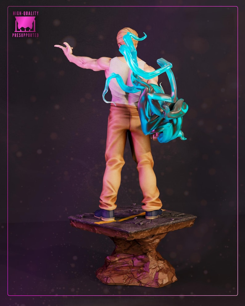 May include: A detailed figurine of a muscular figure in a white tank top and tan pants, with blue energy effects. The figure stands on a textured platform atop a rocky base. The image includes the text "HIGH-QUALITY" and "PRESUPPORTED".