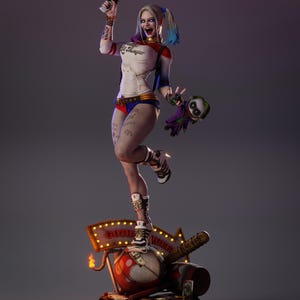 May include: A detailed figurine of a character with a white top, red and blue shorts, and fishnet stockings, holding a gun and a doll. The figure is standing on a base with a sign that reads "Gotham". The figure has a dynamic pose.