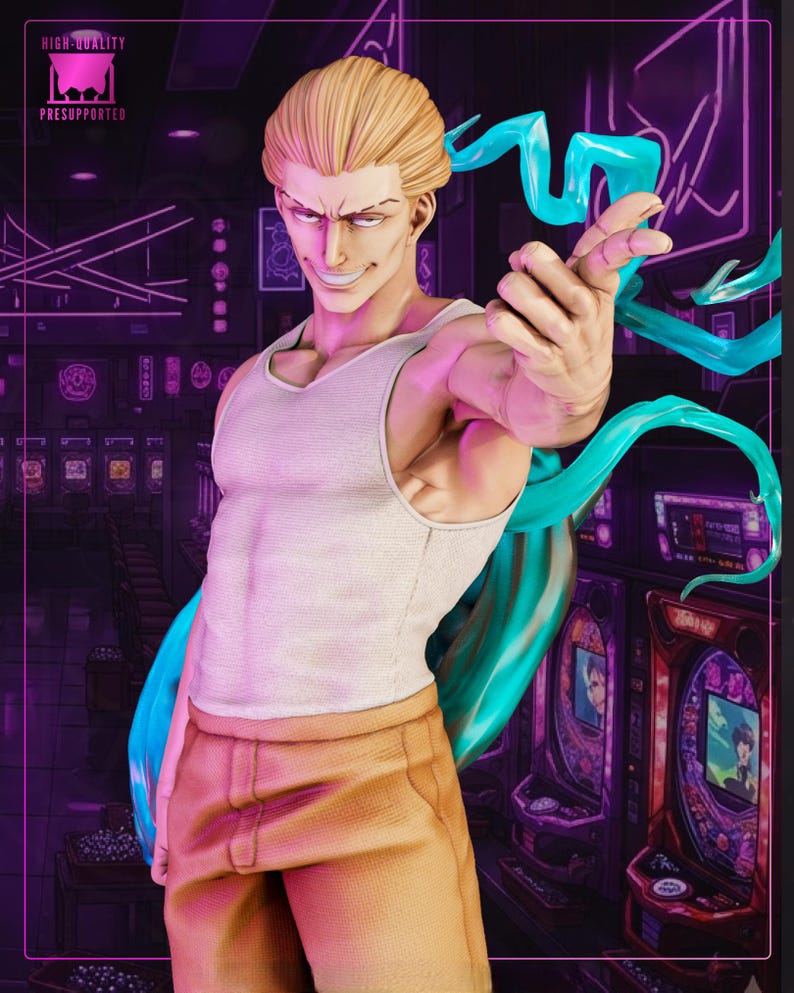 May include: A figurine of a male character with blonde hair, wearing a white tank top and tan pants. The figure has a confident expression and is surrounded by blue, flowing energy. The background features a neon-lit arcade setting.