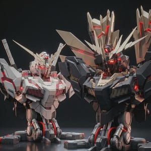 May include: Two detailed robot figures, one white and red, the other black and gold, stand side-by-side. Both have intricate mechanical designs with glowing red accents. The robots are posed as if in combat, showcasing their complex armour and weaponry.