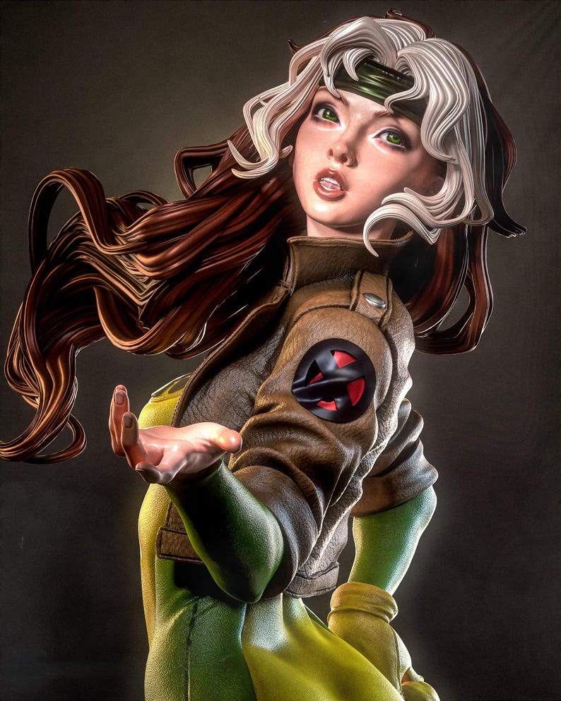 Pode incluir: Estátua detalhada de uma personagem com pele verde, vestindo um collant amarelo e verde e uma jaqueta marrom com um emblema vermelho e preto. A personagem tem cabelo branco e castanho, olhos verdes e uma faixa verde.