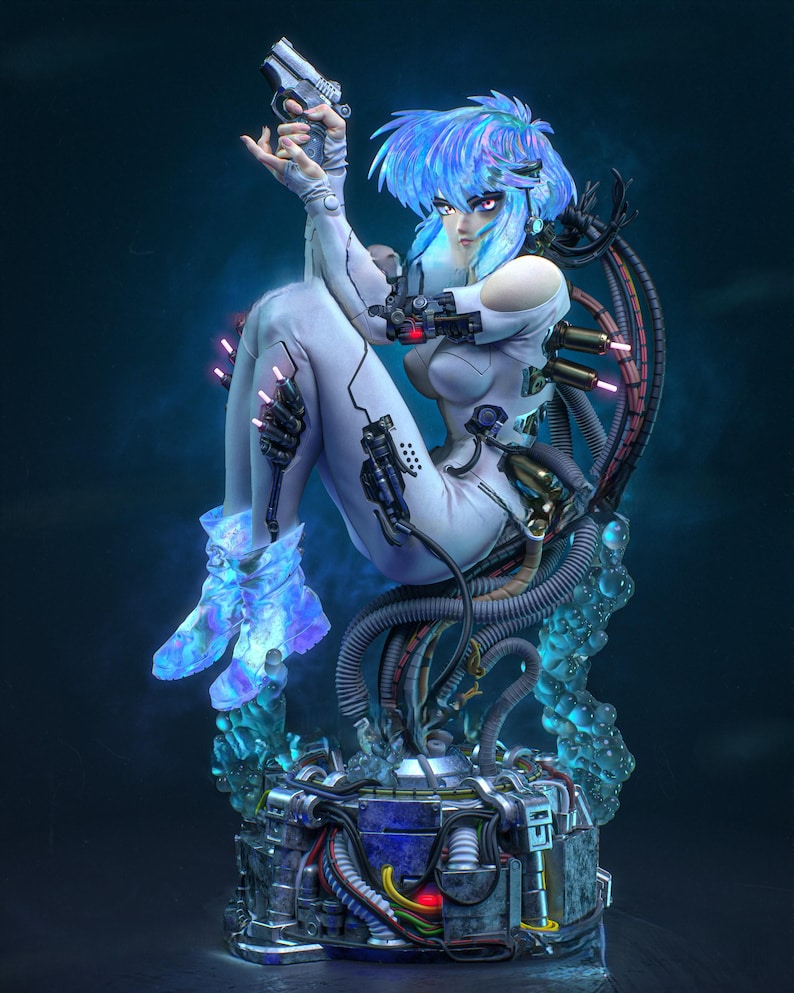 K&ouml;nnte beinhalten: Eine futuristische Figur einer Frau in einem wei&szlig;en Body, die eine silberne Pistole h&auml;lt. Sie hat blaue Haare und leuchtende Akzente. Die Figur ist von mechanischen Komponenten und Schl&auml;uchen umgeben, mit einem blauen und silbernen Sockel.
