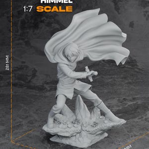 May include: A detailed, unpainted figure of a character in a dynamic pose, holding a sword. The figure is wearing a cloak and standing on a rocky base. The text "HIMMEL 1:7 SCALE" is visible. The figure measures 281 mm in height, 184 mm in width, and 201 mm in depth.