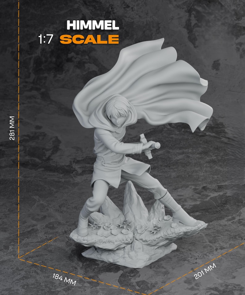 May include: A detailed, unpainted figure of a character in a dynamic pose, holding a sword. The figure is wearing a cloak and standing on a rocky base. The text "HIMMEL 1:7 SCALE" is visible. The figure measures 281 mm in height, 184 mm in width, and 201 mm in depth.