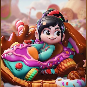 May include: A digital illustration of a cartoon character with black hair and a teal hoodie, smiling. The character is seated in a colorful candy-themed vehicle made of chocolate, frosting, and cookies. The background features a whimsical candy landscape.