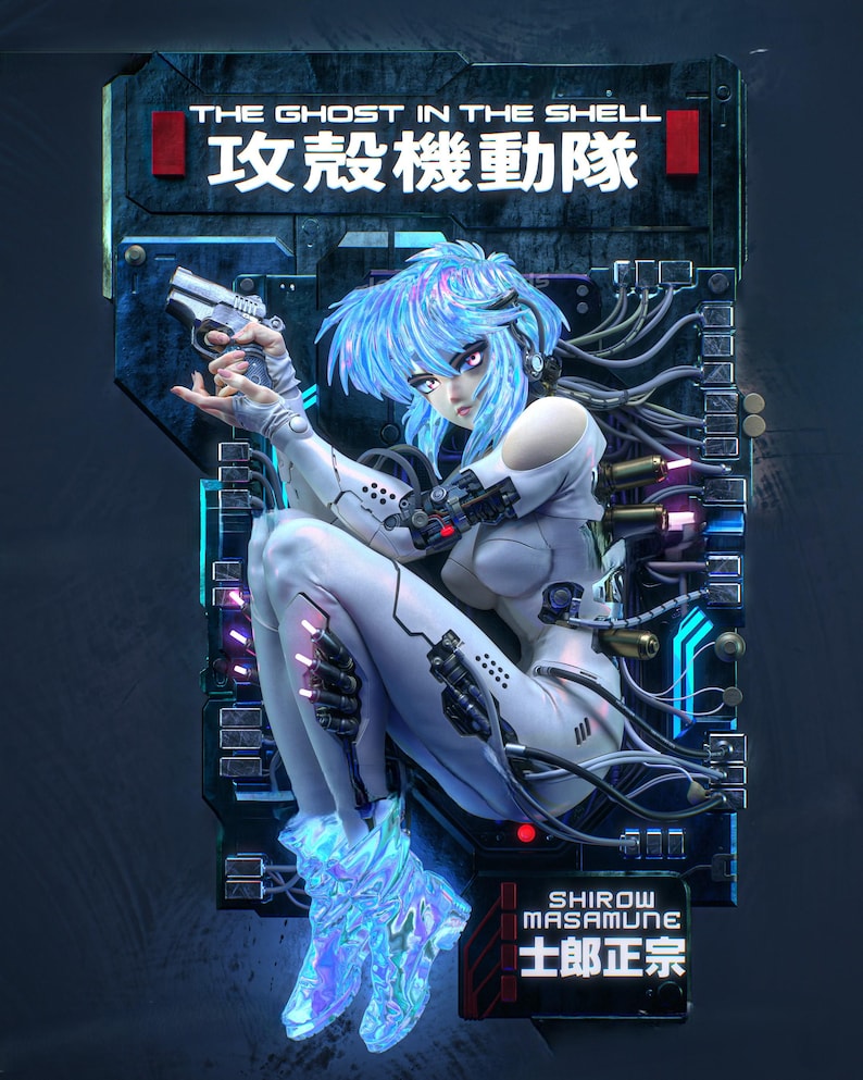 K&ouml;nnte beinhalten: Digitales Kunstwerk mit einer futuristischen weiblichen Figur aus "Ghost in the Shell" in einem wei&szlig;en Anzug, die eine Waffe h&auml;lt. Das Bild enth&auml;lt japanischen Text und den Namen "Shirow Masamune".