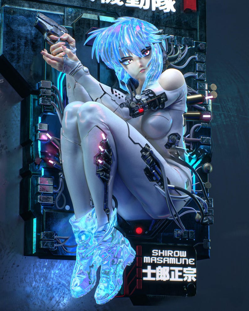 K&ouml;nnte beinhalten: Eine futuristische Anime-Figur mit blauen Haaren und einem wei&szlig;en Body, die eine Handfeuerwaffe h&auml;lt. Die Figur sitzt vor einem Hintergrund aus mechanischen Komponenten und Neonbeleuchtung. Der Text "SHIROW MASAMUNE" und japanische Schriftzeichen sind enthalten.