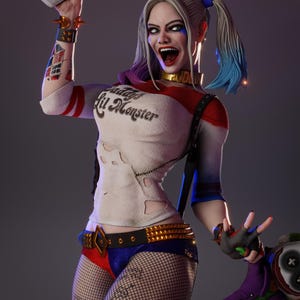 May include: A detailed figurine of a character with white and blue hair in pigtails, wearing a white, red, and blue outfit. The shirt has the text "Daddy's Lil Monster". The figure is holding a gun and a doll.