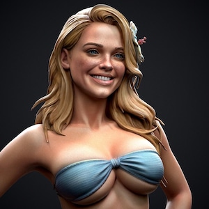 May include: A 3D rendering of a smiling woman with blonde hair and blue eyes. She wears a light blue strapless top with a bow detail. A flower hair accessory is visible. The background is a dark gray.