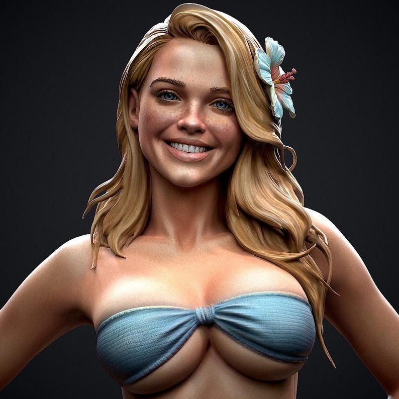 May include: A smiling woman with long blonde hair, blue eyes, and freckles. She wears a light blue strapless top with a bow detail. A light blue and pink flower adorns her hair. The background is a dark gray.