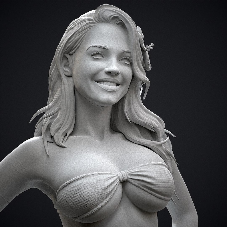 May include: A grayscale sculpture of a smiling woman with long, flowing hair and a flower in her hair. She is wearing a bikini top. The sculpture is detailed and realistic, with a focus on the woman's facial features and expression.