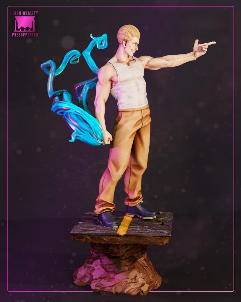 May include: A detailed figurine of a muscular man with blonde hair, wearing a white tank top and tan pants. He is pointing with his right hand, with blue energy effects behind him. The base is a rock-like structure.