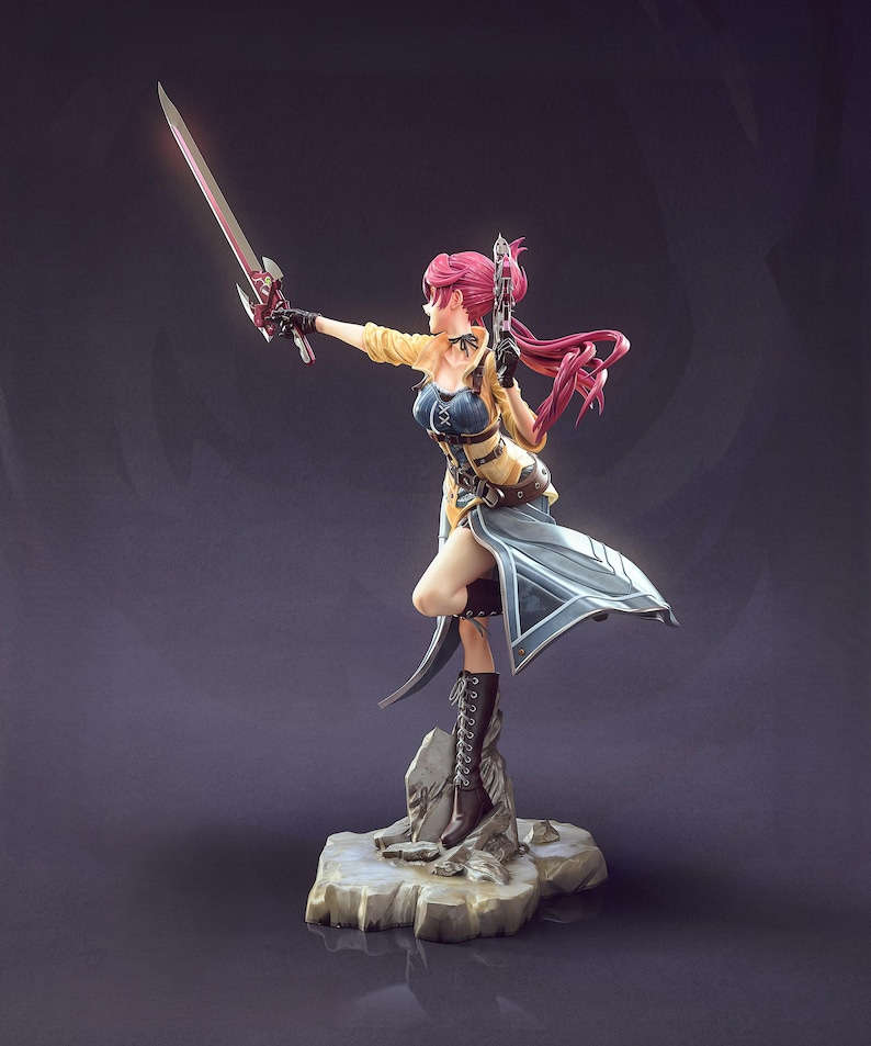 May include: A detailed figurine of a female warrior in a dynamic pose, holding a glowing sword. She wears a yellow jacket, blue bodice, and flowing skirt. Her long pink hair is swept back, and she stands on a rocky base. The figure is approximately 10 inches tall.