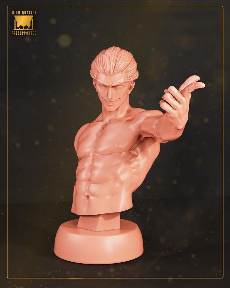 May include: A peach-colored bust of a muscular male figure with a confident expression and outstretched arm. The sculpture is mounted on a circular base. The top left corner features the text "HIGH-QUALITY" and "PRESUPPORTED".