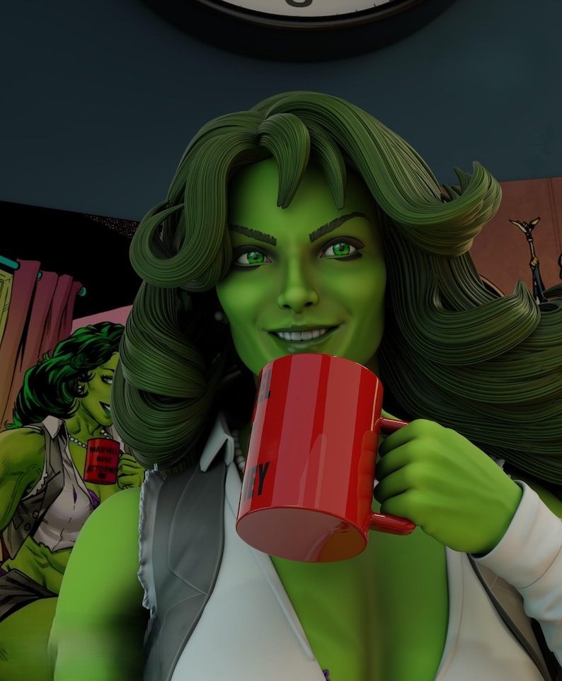 May include: A digital illustration of She-Hulk holding a red coffee mug with the word "HEY" printed on it. She has green skin, green hair, and green eyes. She is wearing a white shirt and a grey waistcoat. Another She-Hulk is visible in the background.