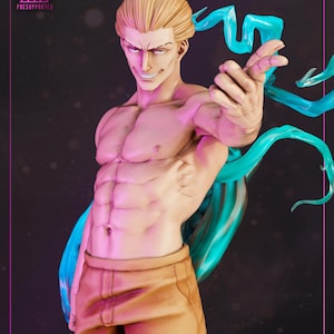 May include: A figurine of a muscular character with blonde hair and tan pants. The character has a confident expression and is reaching out with one hand. Teal-colored, flowing energy emanates from the character. The text "HIGH-QUALITY" and "PRESUPPORTED" is visible.
