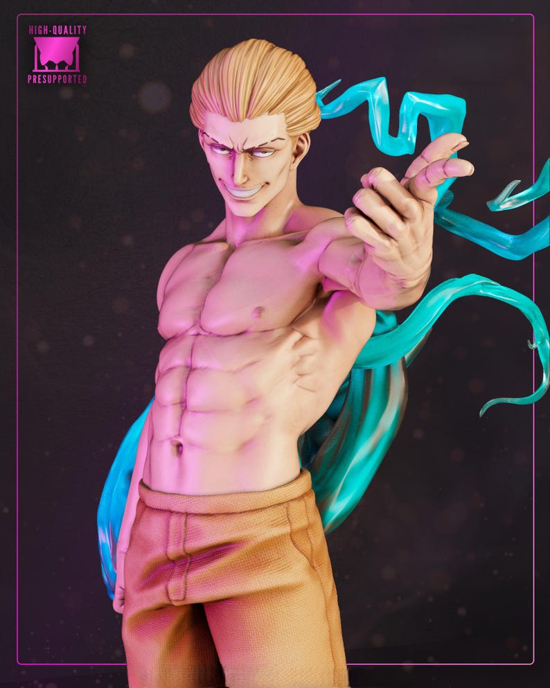 May include: A figurine of a muscular character with blonde hair and tan pants. The character has a confident expression and is reaching out with one hand. Teal-colored, flowing energy emanates from the character. The text "HIGH-QUALITY" and "PRESUPPORTED" is visible.