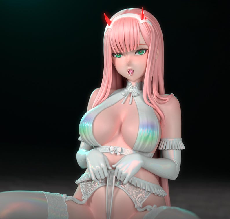 May include: A figurine of a female anime character with pink hair, green eyes, and red horns. She wears a white outfit with a rainbow-colored top, white gloves, and thigh-high stockings. The figure has a tongue piercing.