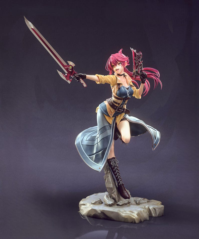 May include: A detailed figurine of a female character in a dynamic pose, holding a sword and a gun. She wears a yellow jacket, blue top, and a long, flowing skirt. Her pink hair is styled, and she stands on a rocky base. The figure is intricately designed.