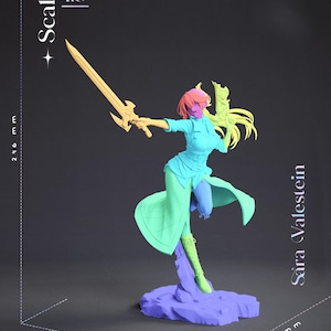 May include: A 1:8 scale figure of Sara Valestein, 190 mm wide, 183 mm deep, and 246 mm tall. The figure is in a dynamic pose, holding a golden sword. The figure's clothing is a mix of blue, green, and purple. The figure is on a purple base.