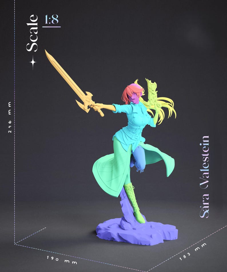 May include: A 1:8 scale figure of Sara Valestein, 190 mm wide, 183 mm deep, and 246 mm tall. The figure is in a dynamic pose, holding a golden sword. The figure's clothing is a mix of blue, green, and purple. The figure is on a purple base.