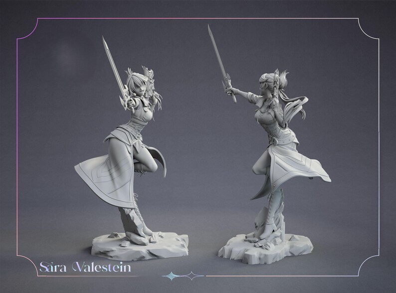 May include: Two gray statues of a female warrior in dynamic poses, each holding a sword. The statues are on rocky bases, with flowing garments and detailed armor. The text "Sara Valestein" is at the bottom.
