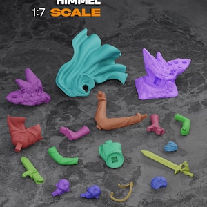 May include: A collection of disassembled action figure parts in various colors, including teal, purple, green, and orange. The pieces include a cape, arms, a sword, and other components. The text "HIMMEL 1:7 SCALE" is displayed at the top.