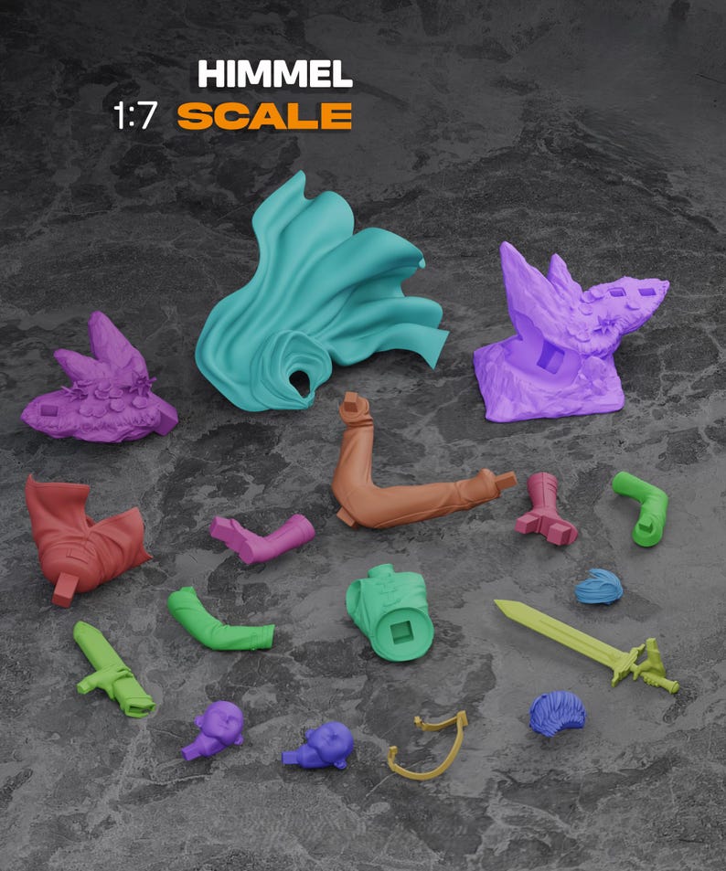 May include: A collection of disassembled action figure parts in various colors, including teal, purple, green, and orange. The pieces include a cape, arms, a sword, and other components. The text "HIMMEL 1:7 SCALE" is displayed at the top.