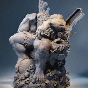 May include: A gray monochromatic sculpture of a muscular, bearded figure sitting in a contemplative pose on a pile of skulls. The figure wears tattered shorts and rests one hand on a knee, with a large, broken structural beam positioned behind.