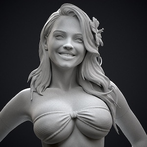 May include: A grayscale bust sculpture of a smiling woman with long, flowing hair and a flower in her hair. She is wearing a textured bikini top tied in a bow. The sculpture has a smooth finish and is set against a dark background.