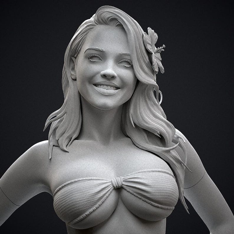 May include: A grayscale bust sculpture of a smiling woman with long, flowing hair and a flower in her hair. She is wearing a textured bikini top tied in a bow. The sculpture has a smooth finish and is set against a dark background.