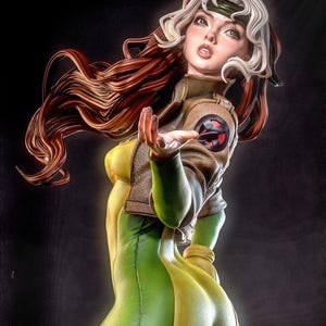 May include: A detailed 3D rendering of a female superhero figure. She wears a green and yellow bodysuit, a brown jacket with a red and black emblem, and has flowing red hair with white streaks. The figure is posed with an outstretched hand against a dark background.