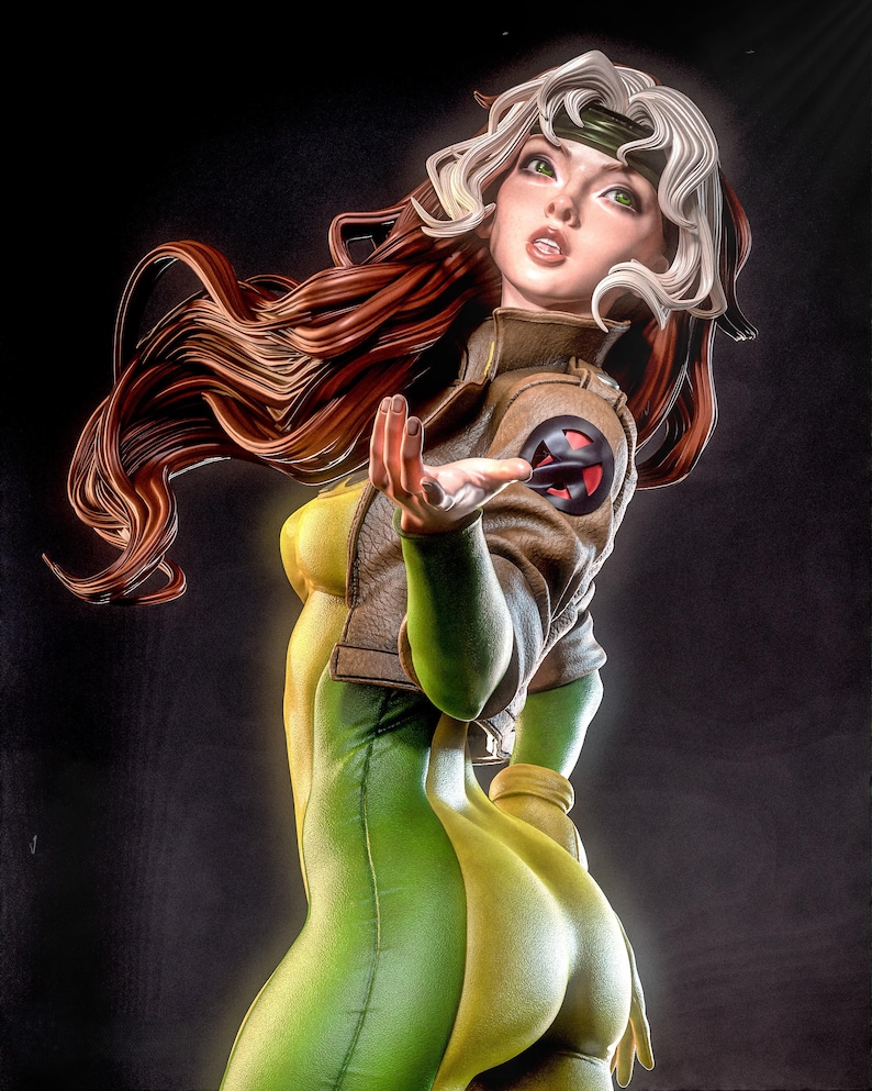May include: A detailed 3D rendering of a female superhero figure. She wears a green and yellow bodysuit, a brown jacket with a red and black emblem, and has flowing red hair with white streaks. The figure is posed with an outstretched hand against a dark background.