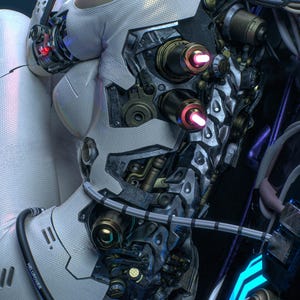 K&ouml;nnte beinhalten: Nahaufnahme eines futuristischen Cyborg-Designs in Wei&szlig; und Metall. Das Bild zeigt komplizierte mechanische Komponenten, darunter leuchtende rote und rosa Lichter sowie ein Netzwerk von Kabeln. Das Design hat eine elegante, hochtechnologische &Auml;sthetik.