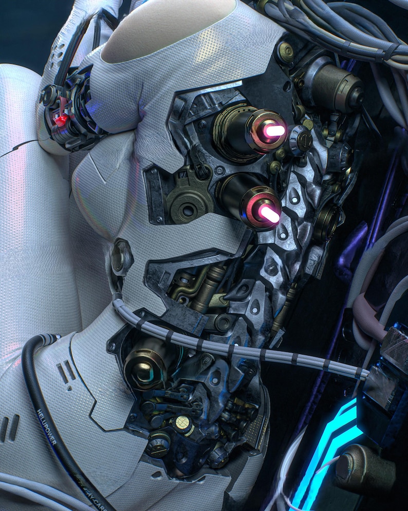 K&ouml;nnte beinhalten: Nahaufnahme eines futuristischen Cyborg-Designs in Wei&szlig; und Metall. Das Bild zeigt komplizierte mechanische Komponenten, darunter leuchtende rote und rosa Lichter sowie ein Netzwerk von Kabeln. Das Design hat eine elegante, hochtechnologische &Auml;sthetik.