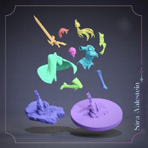 May include: A collection of colorful 3D-printed parts, including a sword, hair, clothing, and boots, arranged on purple and blue bases. The pieces are in various colors like yellow, pink, green, and blue, suggesting a fantasy theme.