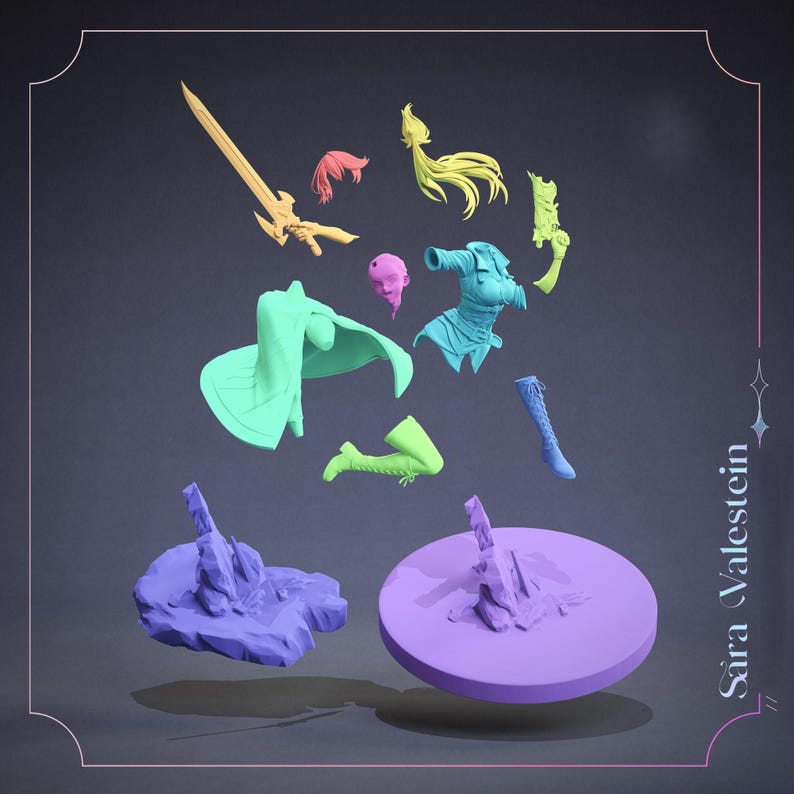 May include: A collection of colorful 3D-printed parts, including a sword, hair, clothing, and boots, arranged on purple and blue bases. The pieces are in various colors like yellow, pink, green, and blue, suggesting a fantasy theme.