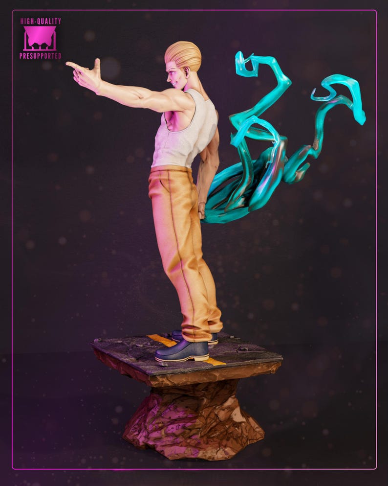 May include: A figurine of a male character in a white tank top and tan pants, with a dynamic pose and flowing teal energy effect. The figure stands on a textured base with yellow stripes. The image includes the text "HIGH-QUALITY" and "PRESUPPORTED".