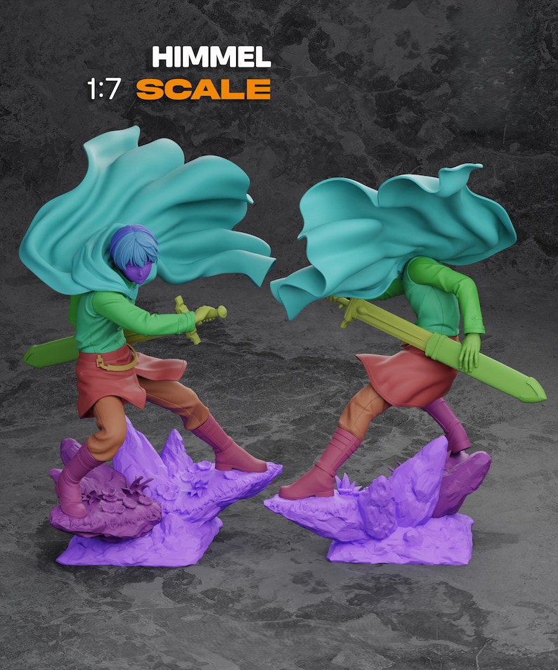 May include: Two action figures in dynamic poses, each with a teal cape, green shirt, and brown pants. They stand on purple rock formations, holding swords. The text "HIMMEL" and "1:7 SCALE" are displayed in orange.