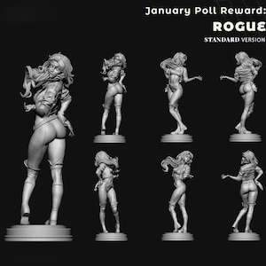 May include: A grayscale image featuring multiple figurines of a female character in various poses. The figures are on circular bases. The text at the top reads "January Poll Reward: ROGUE STANDARD VERSION."