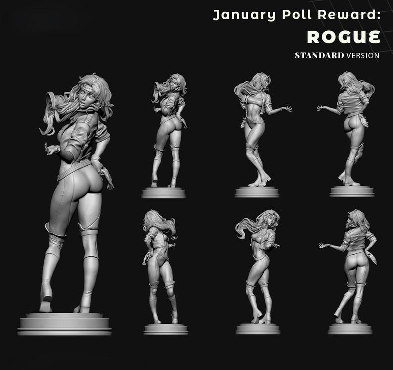 May include: A grayscale image featuring multiple figurines of a female character in various poses. The figures are on circular bases. The text at the top reads "January Poll Reward: ROGUE STANDARD VERSION."