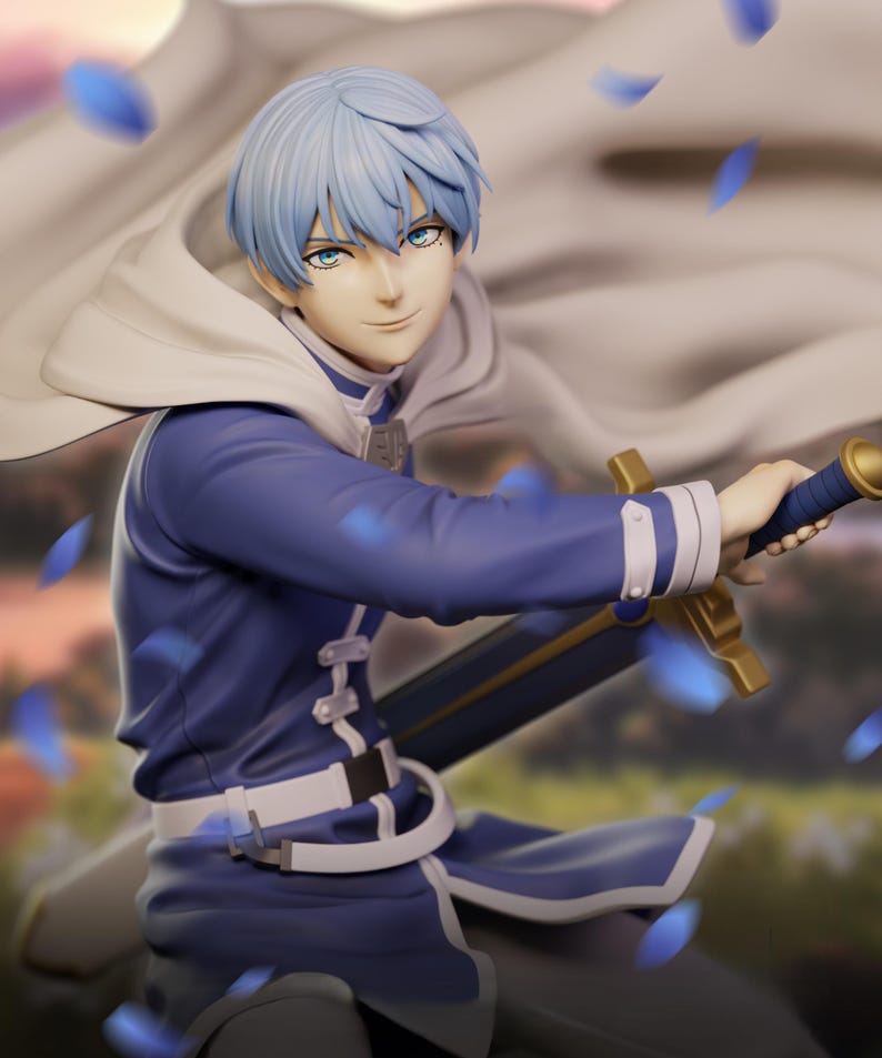 May include: A figurine of a character with light blue hair and eyes, wearing a dark blue outfit with white accents and a white cape. The character is holding a sword with a gold hilt. Blue petals float around the figure.