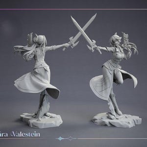 May include: Two gray statues of a female warrior in dynamic poses, each holding a sword. The statues are on a gray surface, with the text "Sira Valestein" at the bottom. The statues are detailed and have a fantasy theme.