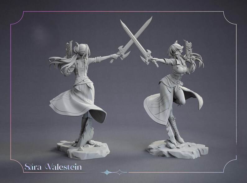 May include: Two gray statues of a female warrior in dynamic poses, each holding a sword. The statues are on a gray surface, with the text "Sira Valestein" at the bottom. The statues are detailed and have a fantasy theme.