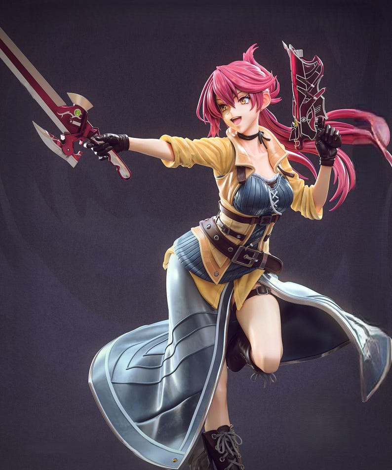 May include: A dynamic figurine of a female anime character in a battle pose. She wears a yellow jacket, blue corset, and a long, flowing skirt. She holds a red and silver sword in one hand and a black weapon in the other. Her hair is pink.