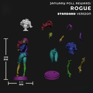 May include: A 3D-rendered figurine of a female character, approximately 299 mm tall, with green skin, red hair, and a blue outfit. The figure is on a purple base, 111 mm wide. Additional character components are scattered around, including a jacket, hair, and limbs. Text reads "JANUARY POLL REWARD: ROGUE STANDARD VERSION."