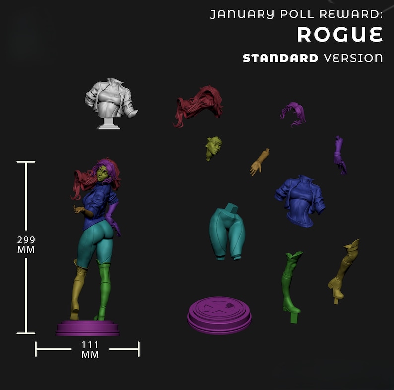 May include: A 3D-rendered figurine of a female character, approximately 299 mm tall, with green skin, red hair, and a blue outfit. The figure is on a purple base, 111 mm wide. Additional character components are scattered around, including a jacket, hair, and limbs. Text reads "JANUARY POLL REWARD: ROGUE STANDARD VERSION."